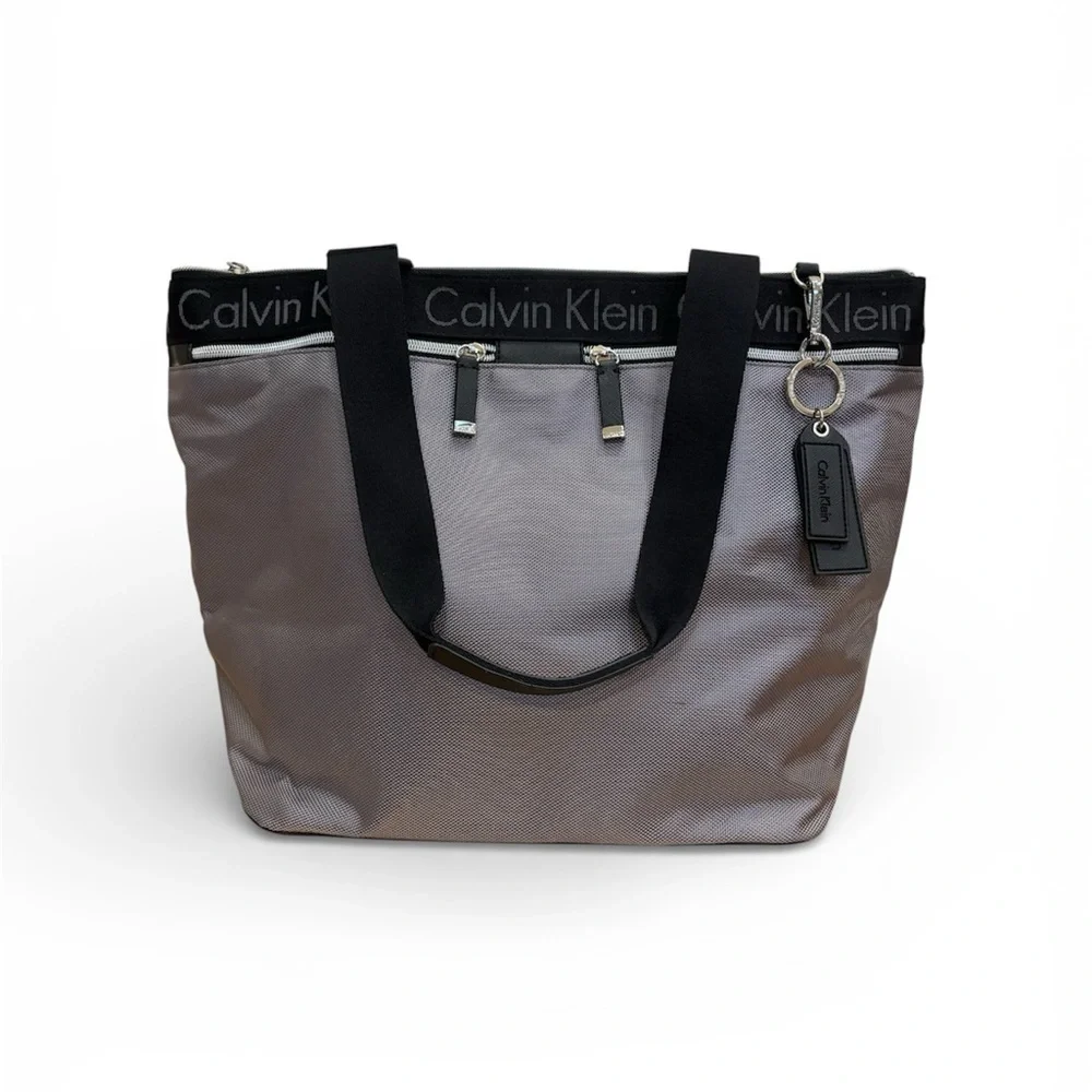 Calvin Klein Large Nylon Zip Tote Bag Gunmetal Gray Logo Straps Travel Work NEW